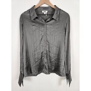 DKNY Gray Satin Button Down Shirt Size L Minimal Workwear Chic